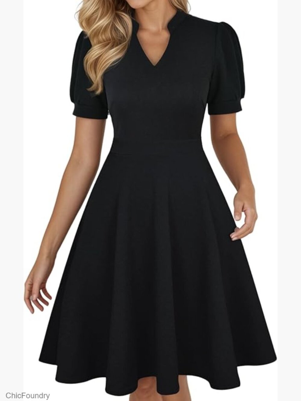 V-Neck Puff Sleeve A-Line Fit and Flare Dress with Pockets